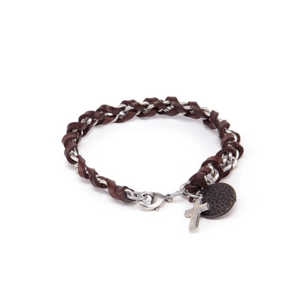 BRACCIALE DA UOMO UN  PELLE E CROCE